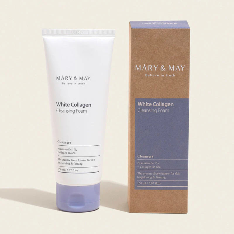 Rich creamy lather of Mary &amp; May Collagen Foam – Low-irritation "Cushion Cleanser" for maintaining skin moisture and softness at Atelier De Glow UAE.
