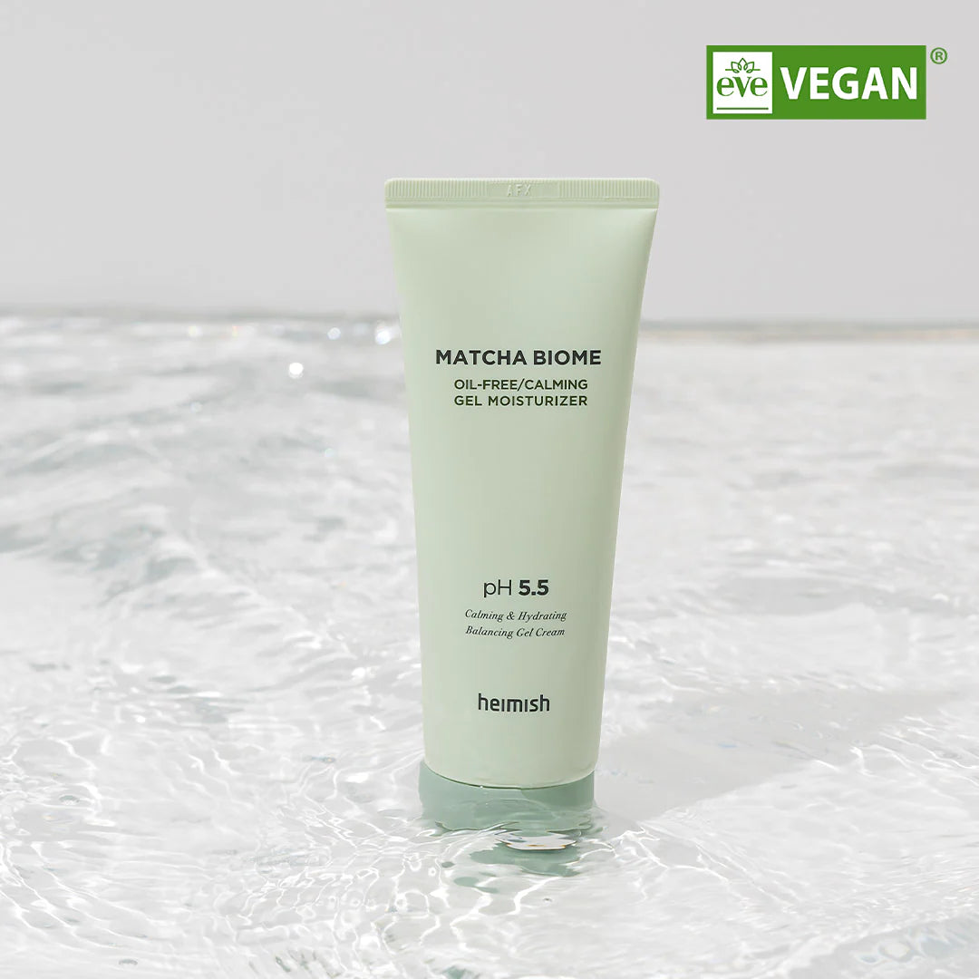 Watery gel texture of Heimish Matcha Biome Moisturizer – Fast-absorbing, zero-residue cooling face cream for humid weather at Atelier De Glow UAE.