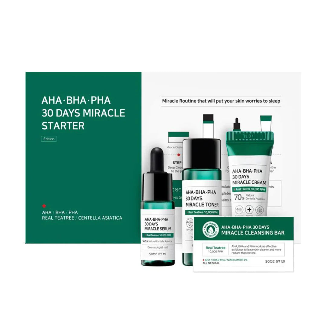 SOME BY MI AHA BHA PHA 30 Days Miracle Starter Kit box – 4-step Korean acne-clearing routine with Truecica™ available at Atelier De Glow UAE.