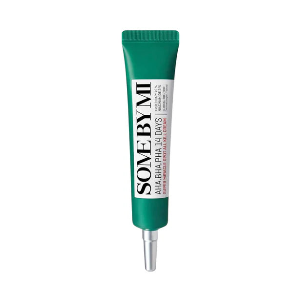 Some By Mi AHA, BHA, PHA 14 Days Super Miracle Spot All Kill Cream – targeted blemish treatment with exfoliating acids for clear skin available at Atelier De Glow UAE.
