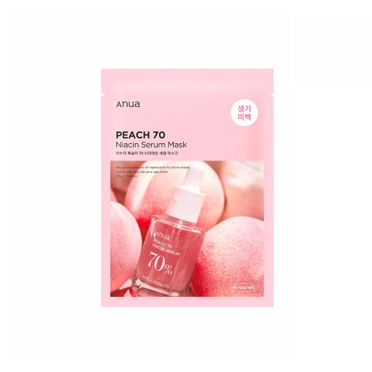 Anua Peach 70 Niacin Serum Mask – Korean sheet mask with 70% Fermented Peach Extract and 2% Niacinamide available at Atelier De Glow UAE.