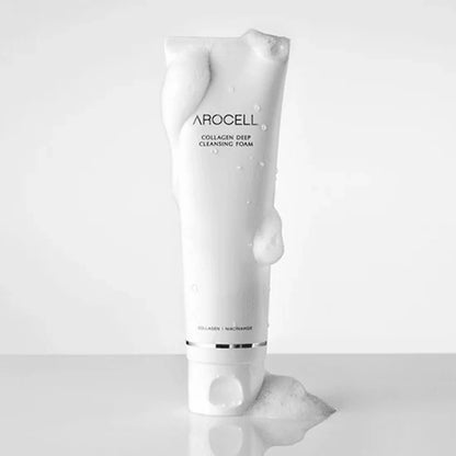 Arocell Collagen Cleansing Foam for tight stripped skin barriers, oxidized forehead grease, dull dehydrated skin textures, and micro-dust pore clogging – Face wash from Atelier De Glow UAE.