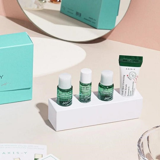 Eco-friendly packaging of AXIS-Y The Mini Glow Set – Ideal Korean skincare gift set for "Glass Skin" enthusiasts at Atelier De Glow UAE.