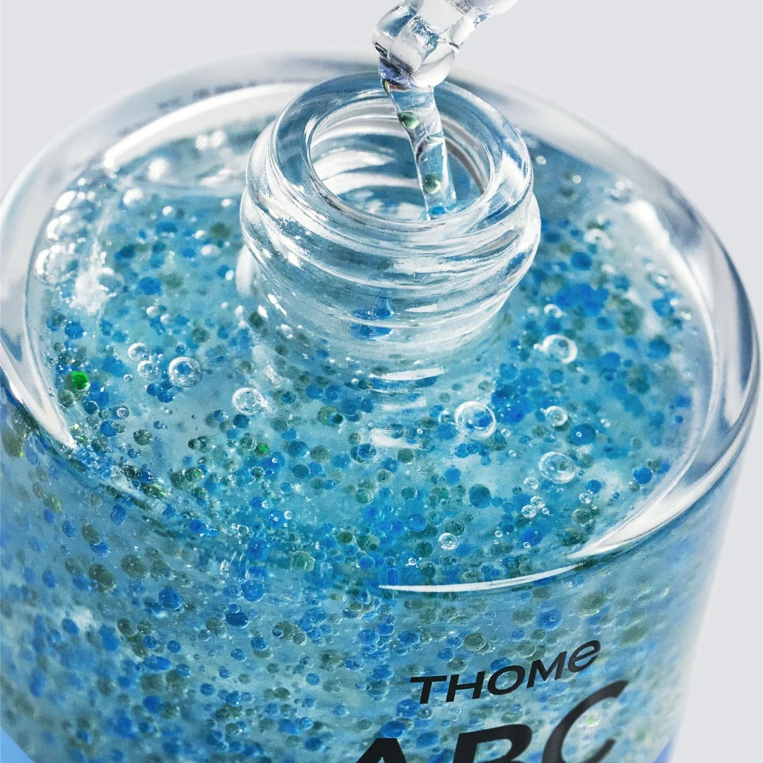 Calming blue-tinted texture of THOME ABC Redness Serum – Lightweight, non-greasy Korean serum for sensitive skin at Atelier De Glow UAE.
