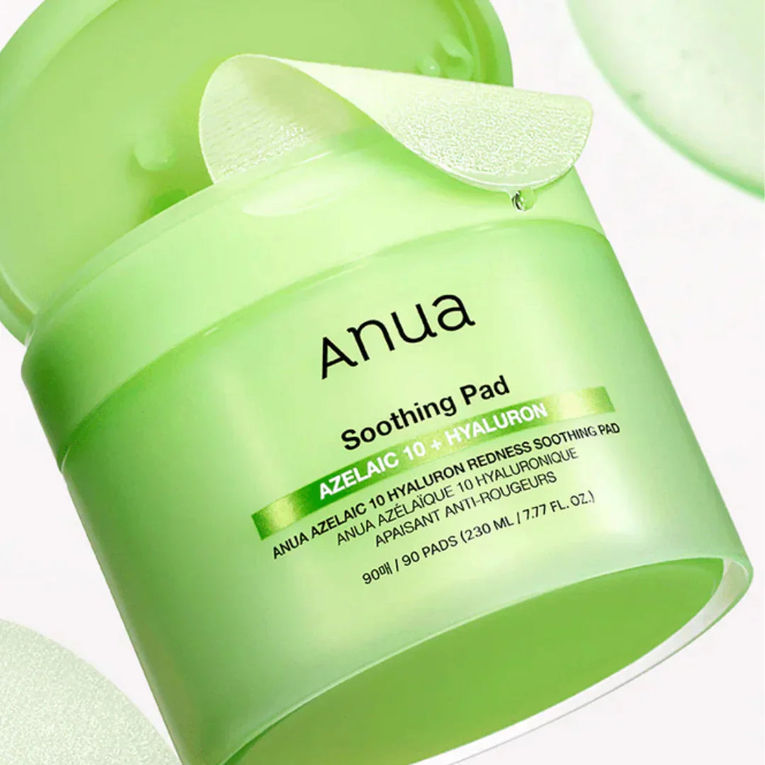 Large, soft Anua Azelaic 10 Hyaluron Soothing Pad texture – Dual-action Korean pads for intensive localized redness relief at Atelier De Glow UAE.