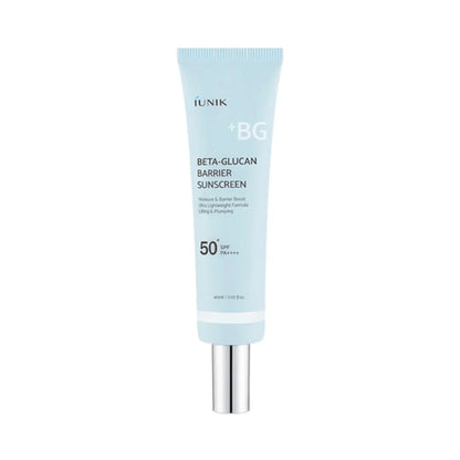 iUNIK Beta-Glucan Barrier Sunscreen – 60ml chemical SPF 50+ PA++++ infused with barrier-strengthening Beta-Glucan available at Atelier De Glow UAE.