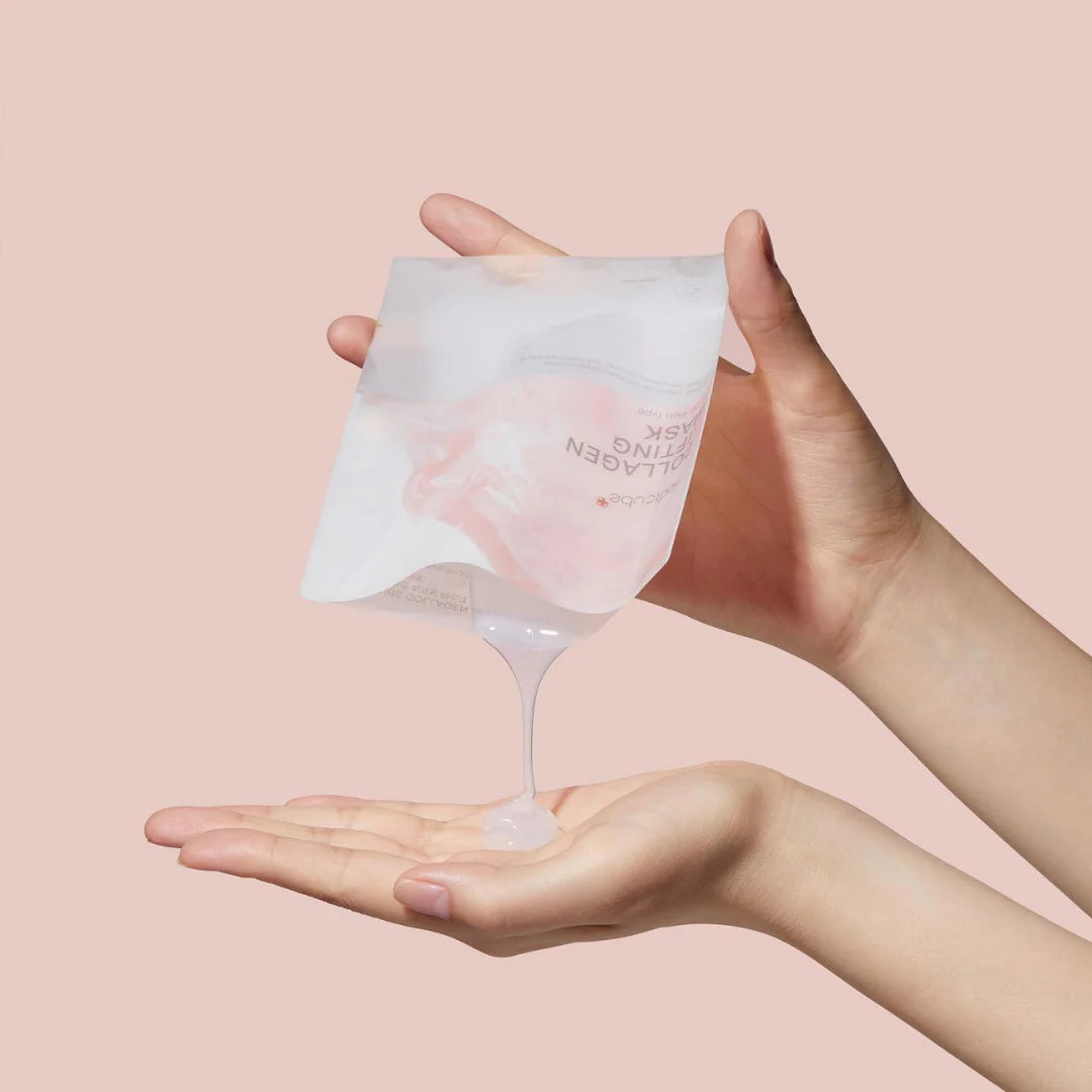 Medicube Collagen Mask for gravity-induced sagging jawlines, hollow tear troughs, deep smile lines, and dehydrated skin deflation – Lifting treatment from Atelier De Glow UAE.