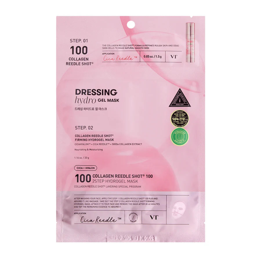 VT Cosmetics Collagen Reedle Shot 100 2-Step Hydrogel Mask – Micro-needle primer essence and melting collagen sheet mask at Atelier De Glow UAE.