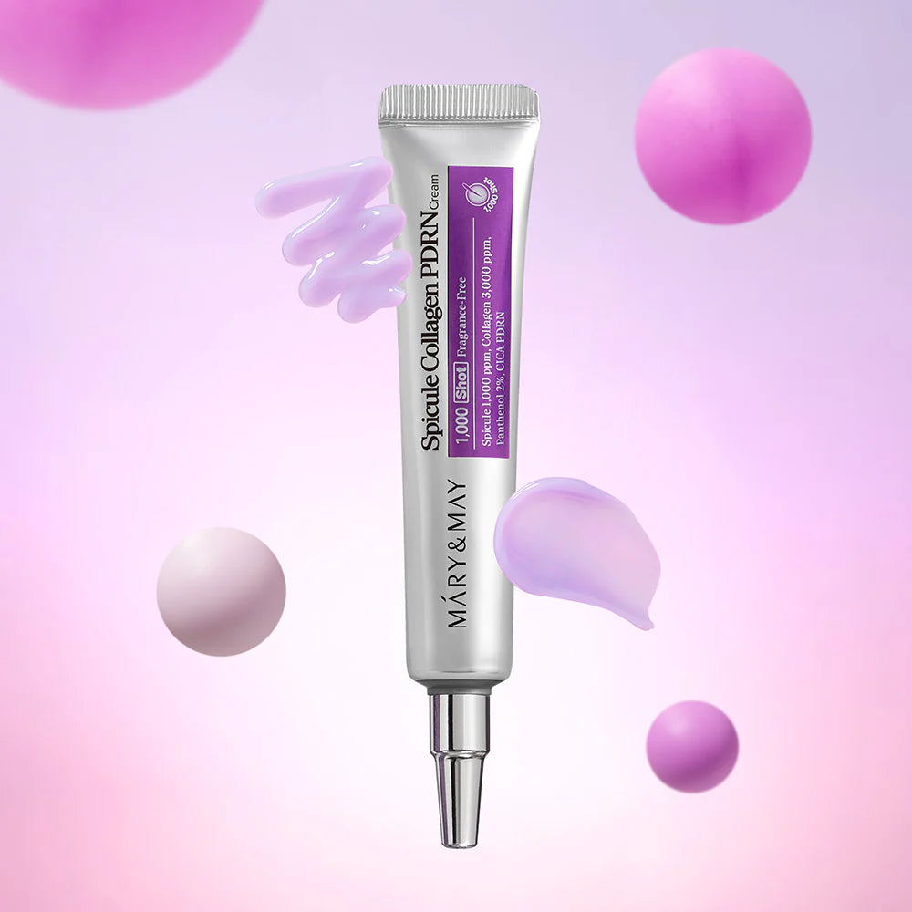 Smooth, dense, and nutrient-rich cream texture of MARY &amp; MAY Spicule PDRN Cream melting into targeted facial zones at Atelier De Glow UAE.