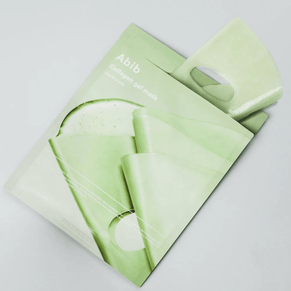 Embossed Abib Collagen Gel Mask texture – High-adhesion, non-slip Korean hydrogel for deep active absorption and "Glass Skin" results at Atelier De Glow UAE.