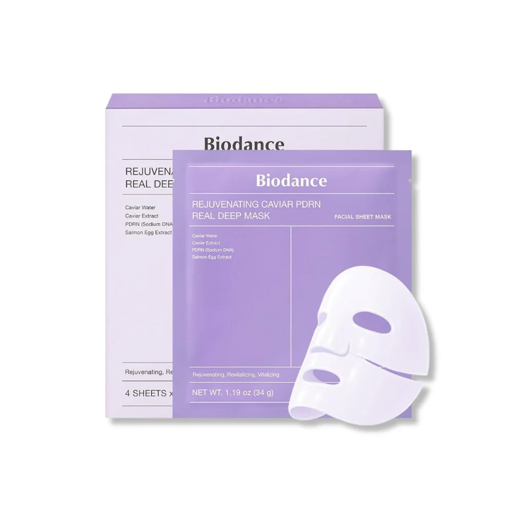 Biodance Rejuvenating Caviar PDRN Real Deep Mask – 4EA Korean overnight hydrogel mask with Salmon PDRN and Caviar Extract available at Atelier De Glow UAE.