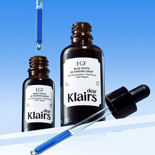 Dear, Klairs EGF Blue Youth Activating Drop for improving skin elasticity, smoothing fine lines, and supporting cellular regeneration on sensitive skin from Atelier De Glow UAE.