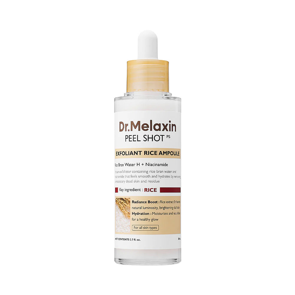 Dr. Melaxin Peel Shot Exfoliant White Rice Ampoule – 80ml Korean brightening exfoliant with Rice Bran Extract available at Atelier De Glow UAE.
