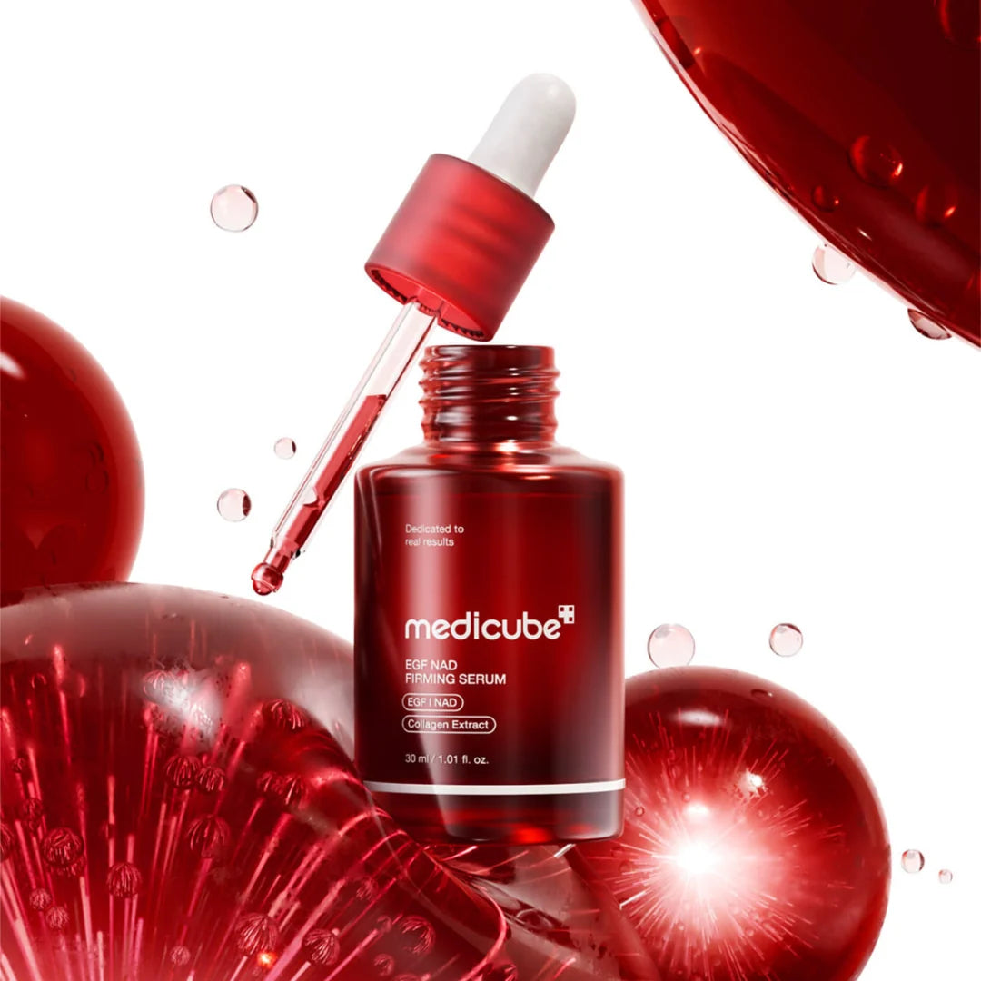 Medicube EGF NAD Firming Serum targeting fine lines, wrinkles, loss of firmness, and sagging on the face and neck from Atelier De Glow UAE.