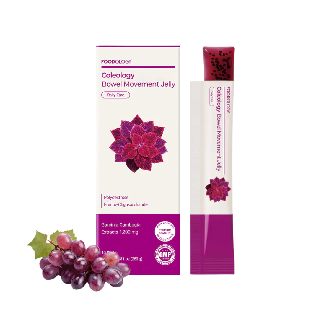 Foodology Coleology Bowel Movement Jelly – 10 pouch pack of Korean dietary supplements with Garcinia Cambogia and Fiber available at Atelier De Glow UAE.
