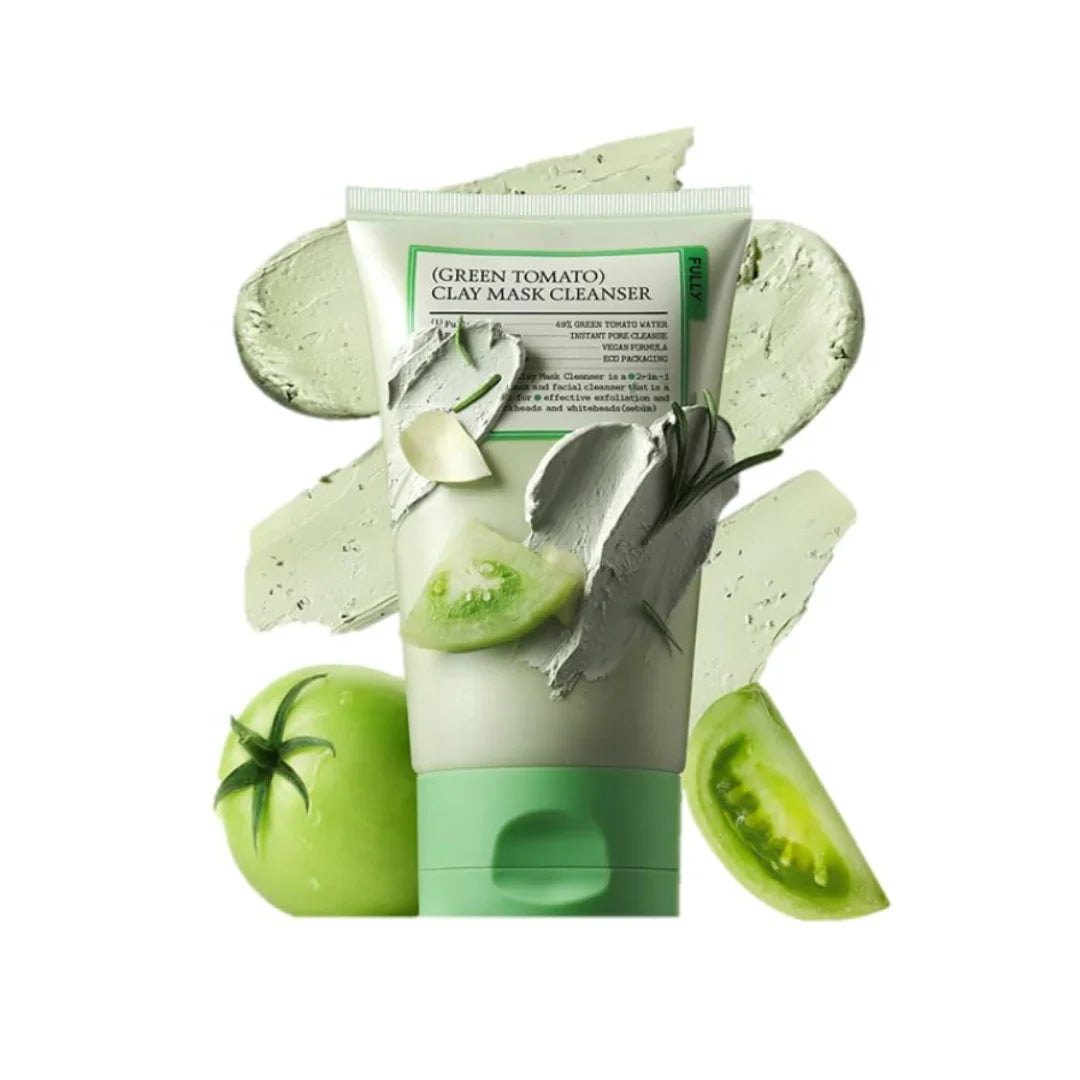 Creamy green clay texture of Fully Green Tomato Clay Pack Cleanser – Multi-tasking deep pore treatment and daily cleanser at Atelier De Glow UAE.