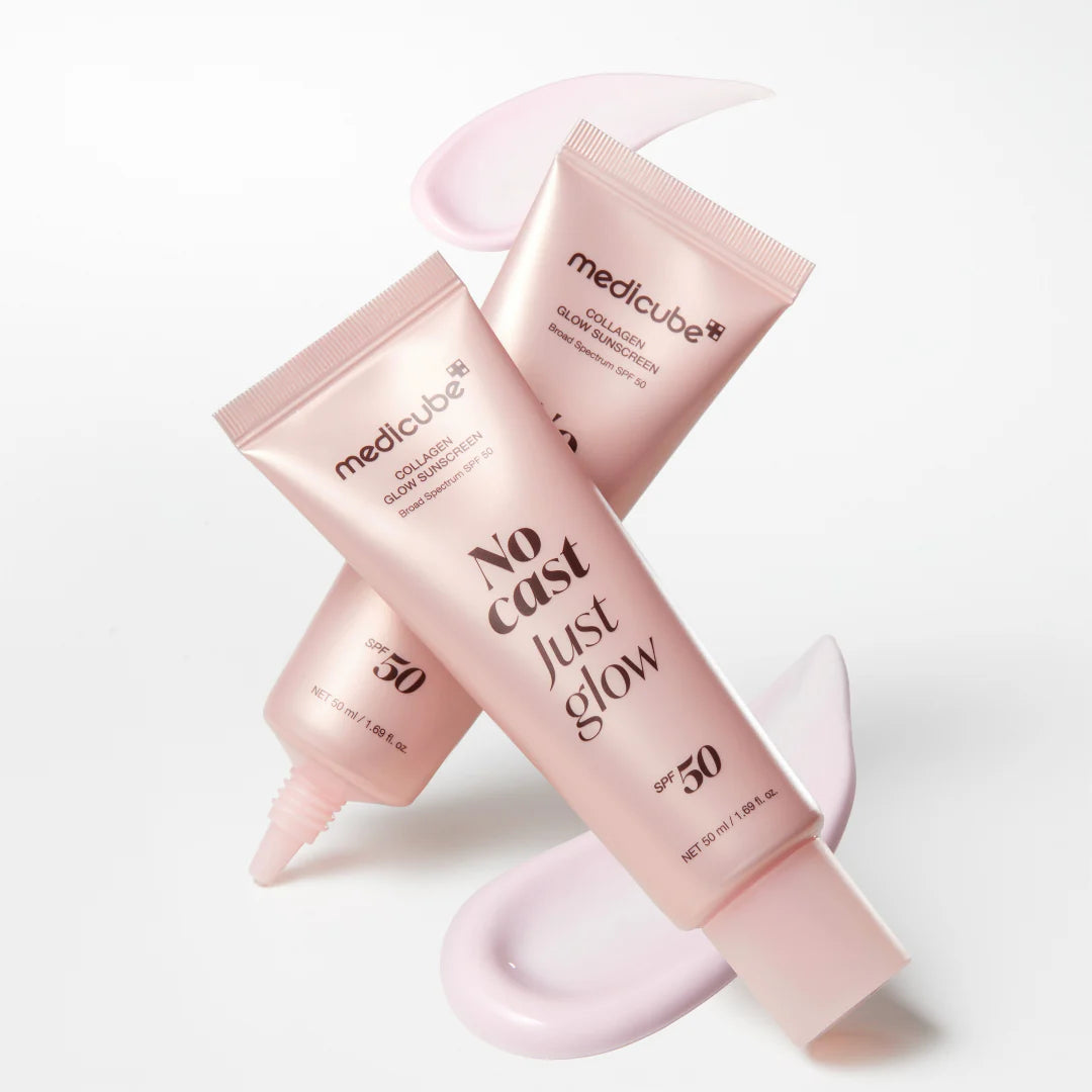 medicube Glow Collagen Sunscreen for smoothing fine lines, improving skin elasticity, and providing broad-spectrum UV protection without a greasy residue from Atelier De Glow UAE.