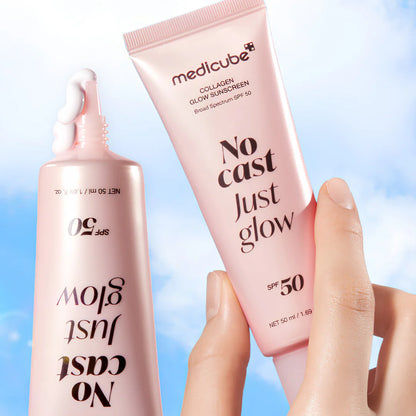 Lightweight, fast-absorbing, and moisturizing sunscreen texture of medicube Glow Collagen Sunscreen that leaves a dewy, non-sticky, glass-skin finish at Atelier De Glow UAE.
