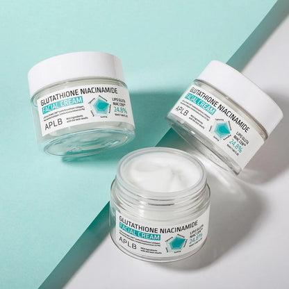 Silky, non-greasy texture of APLB Glutathione Niacinamide Cream – Lightweight Korean moisturizer for "Glass Skin" clarity and moisture-locking at Atelier De Glow UAE.
