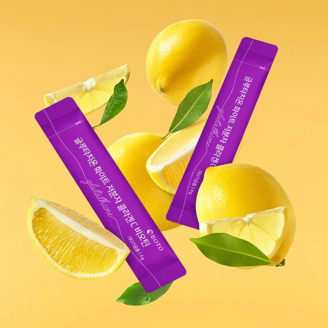 Fine, easy-to-dissolve powder of BOTO Glutathione White sticks – Refreshing lemon-flavored supplement for a clear "Glass Skin" finish at Atelier De Glow UAE.