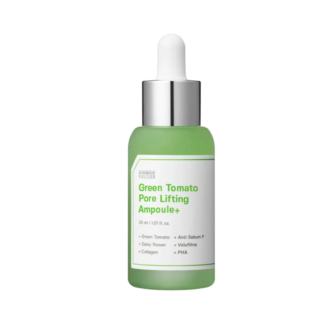 SUNGBOON EDITOR Green Tomato Pore Lifting Ampoule 30ml – intensive pore-tightening and firming facial serum enriched with Green Tomato extract available at Atelier De Glow UAE.