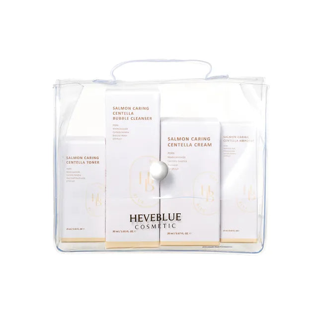 HEVEBLUE Salmon Caring Centella Special Travel Kit – 4-piece clinical trial set featuring PDRN cleanser, toner, ampoule, and cream at Atelier De Glow UAE.