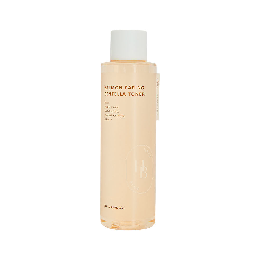 HEVEBLUE Salmon Caring Centella Toner – 200ml skin-repairing liquid with Salmon PDRN DNA and Centella Asiatica available at Atelier De Glow UAE.
