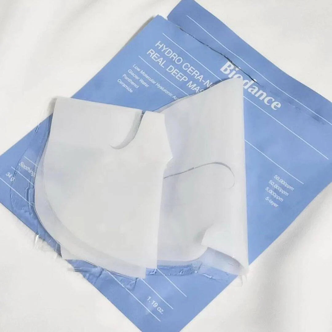 Cooling, transparent hydrogel effect of Biodance Cera-nol Mask – 4-piece set for achieving a hydrated "Glass Skin" look at Atelier De Glow UAE.