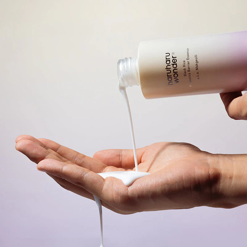 Milky, lightweight essence texture of Haruharu Wonder Probiotics Essence – Fast-absorbing, fragrance-free barrier support at Atelier De Glow UAE.