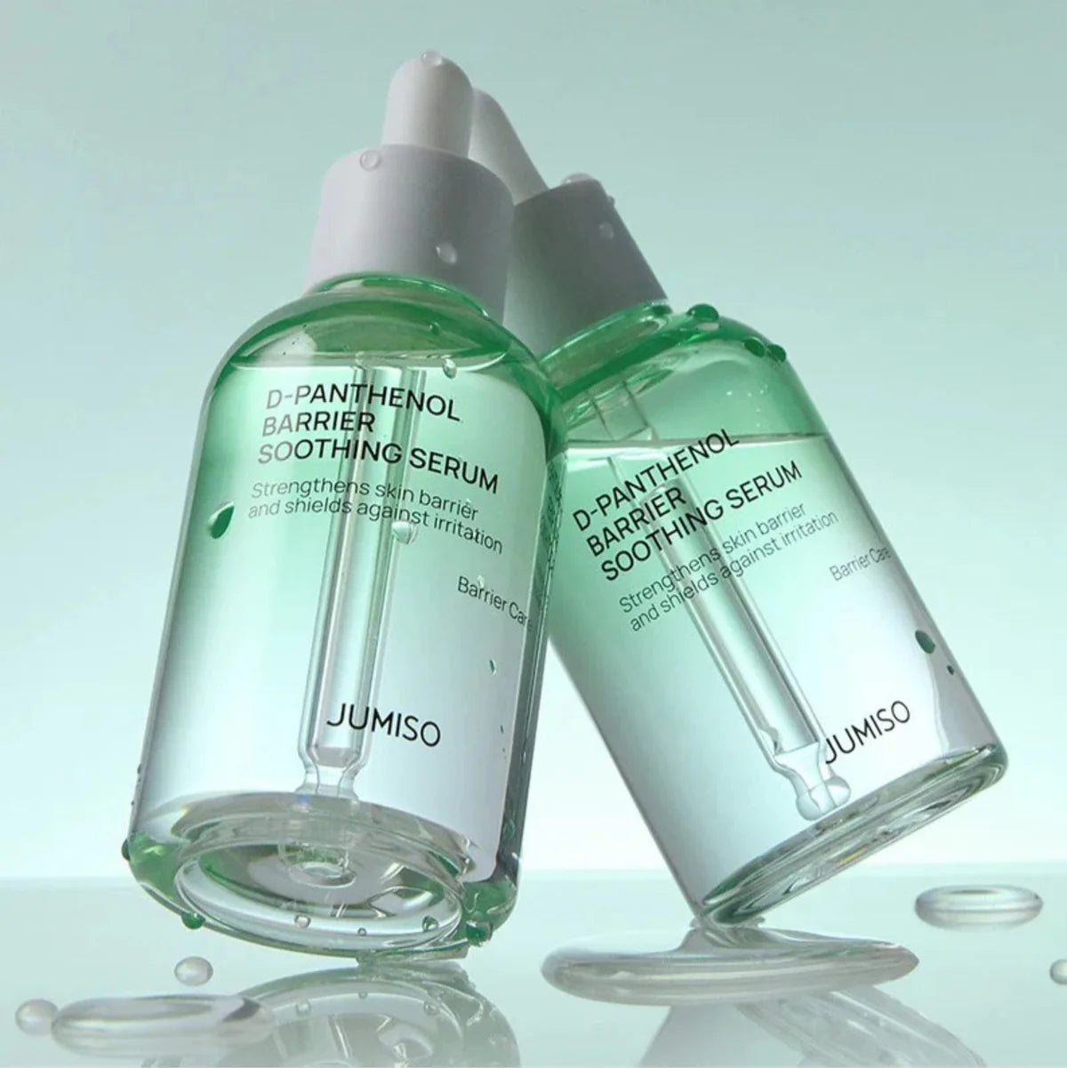 Weightless, watery, and non-sticky clear fluid gel texture of Jumiso D-Panthenol Barrier Soothing Serum absorbing instantly into a face at Atelier De Glow UAE.
