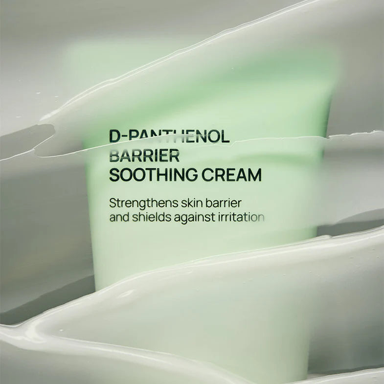 Smooth, whipped, and lightweight white cream texture of Jumiso D-Panthenol Barrier Soothing Cream melting effortlessly into a sensitive face at Atelier De Glow UAE.