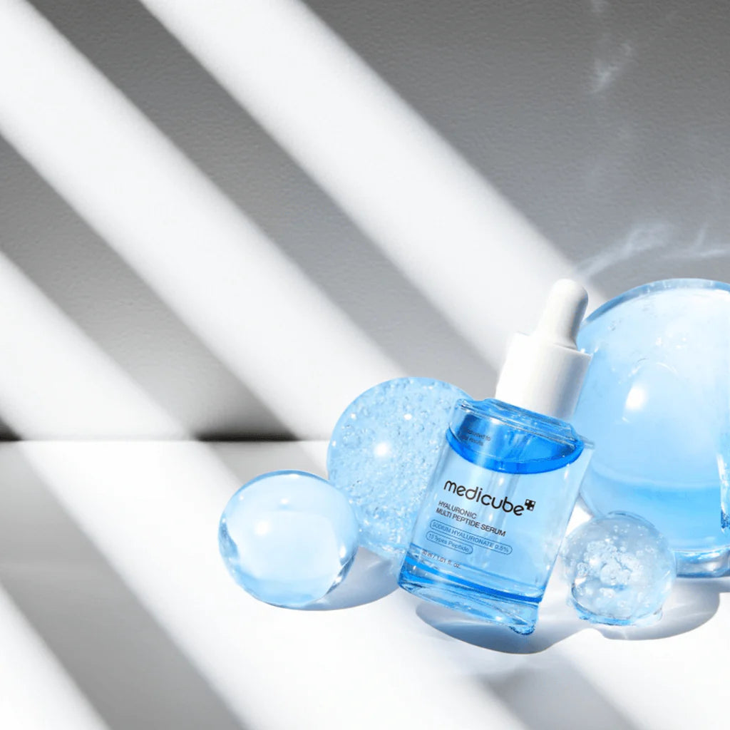 Medicube Hyaluronic Peptide Serum for sunken facial contours, hollow dehydration shadows, loose skin texture, and fine expression lines – Volume booster from Atelier De Glow UAE.