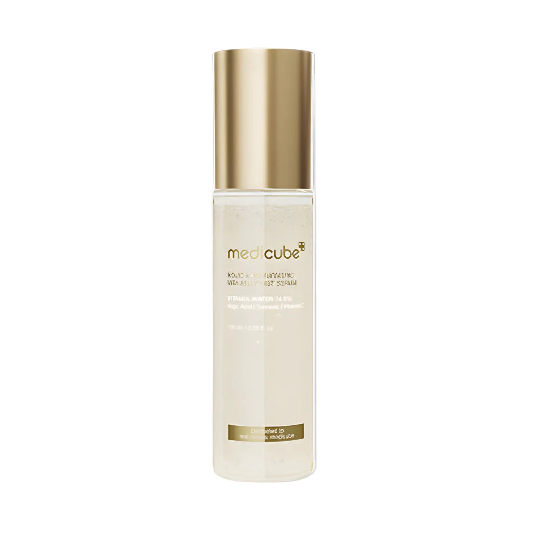 Medicube Kojic Acid Turmeric Vita Jelly Mist Serum – 100ml 2-in-1 spray-on vitamin jelly serum with Kojic Acid and Turmeric Extract available at Atelier De Glow UAE.