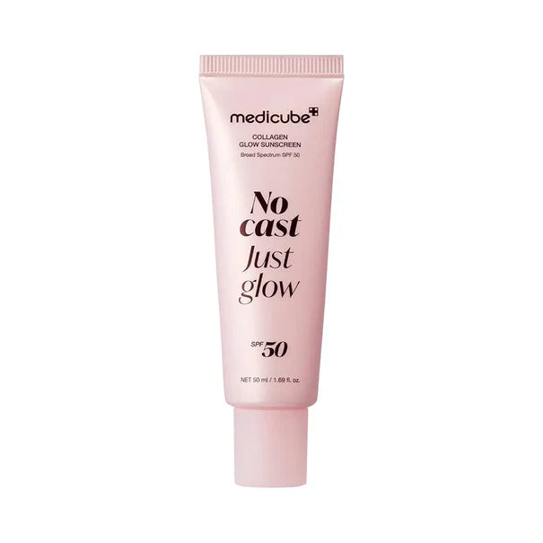 medicube Glow Collagen Sunscreen SPF 50 50ml – premium anti-aging sunscreen formulated with collagen, peptides, and niacinamide for firm, hydrated, and radiant skin available at Atelier De Glow UAE.