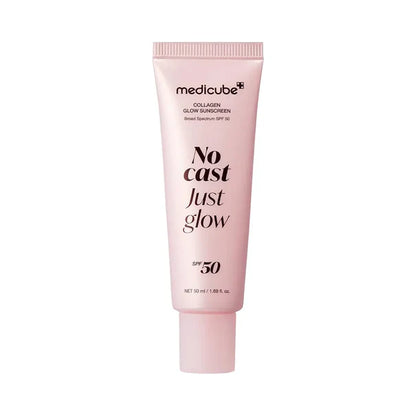 medicube Glow Collagen Sunscreen SPF 50 50ml – premium anti-aging sunscreen formulated with collagen, peptides, and niacinamide for firm, hydrated, and radiant skin available at Atelier De Glow UAE.
