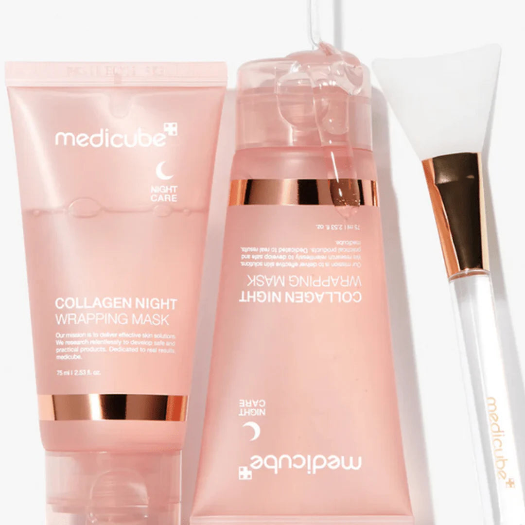Medicube Night Wrapping Mask for pillowcase sleep-wrinkle creases, morning puffiness, overnight hydration evaporation, and loose sagging cheeks – Restorative wrap from Atelier De Glow UAE.