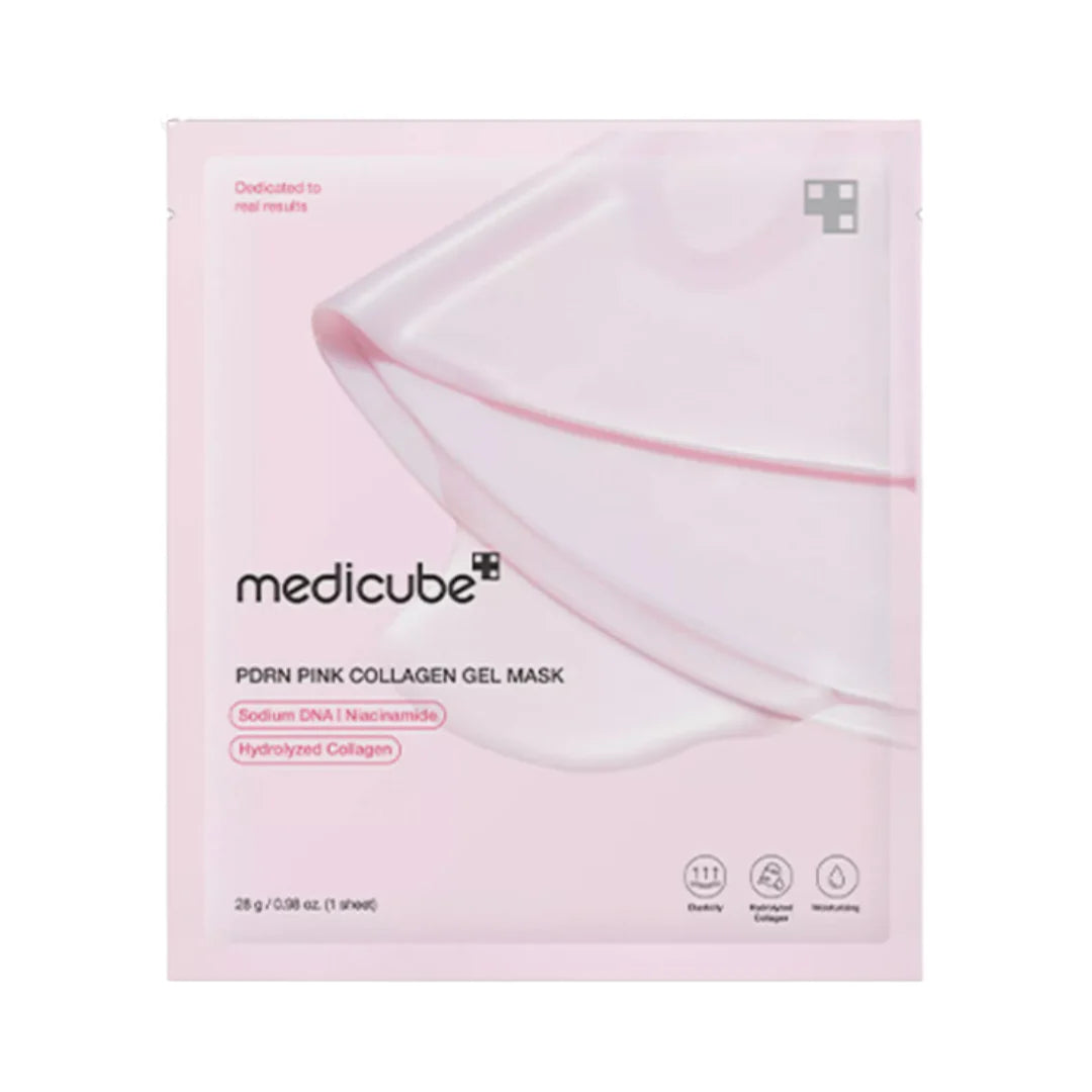 Medicube PDRN Pink Collagen Gel Mask – Premium two-piece temperature-melting hydrogel sheet mask with Salmon DNA and Hydrolyzed Collagen available at Atelier De Glow UAE.