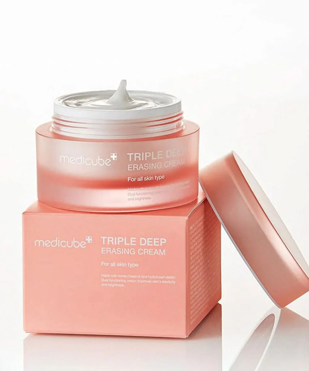 Rich, buttery, and high-gloss texture of Medicube Triple Collagen 4.0 – Deeply nourishing cream for a dewy "Glass Skin" finish at Atelier De Glow UAE.
