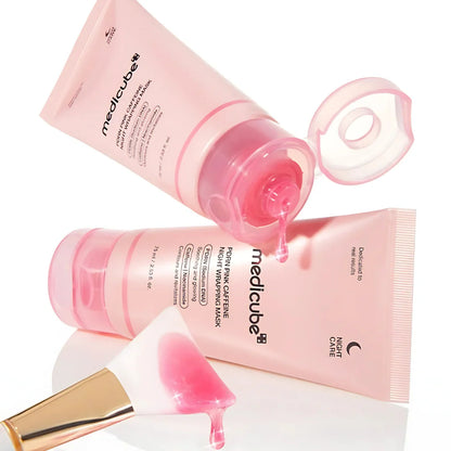 Smooth gel-cream texture of Medicube PDRN Caffeine Night Mask transforming into an invisible, clear, and peelable film sheet at Atelier De Glow UAE.