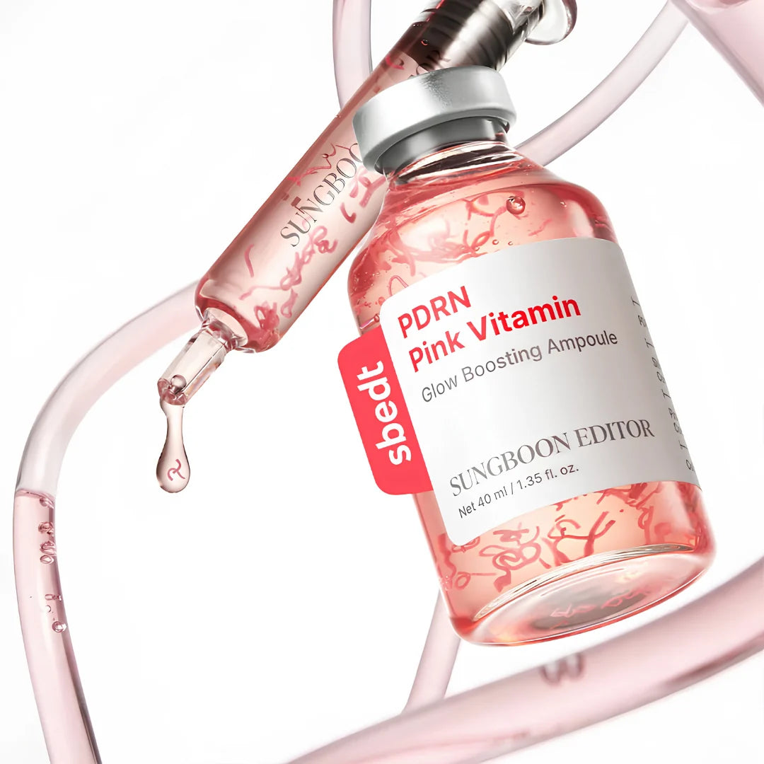 SUNGBOON EDITOR PDRN Pink Vitamin Ampoule for targeting dullness, fading dark spots, and boosting skin firmness for a radiant complexion from Atelier De Glow UAE.