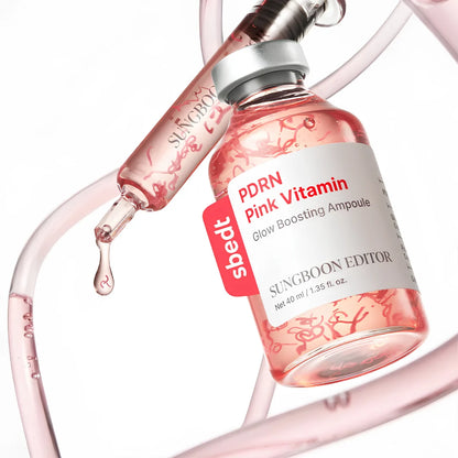 SUNGBOON EDITOR PDRN Pink Vitamin Ampoule for targeting dullness, fading dark spots, and boosting skin firmness for a radiant complexion from Atelier De Glow UAE.