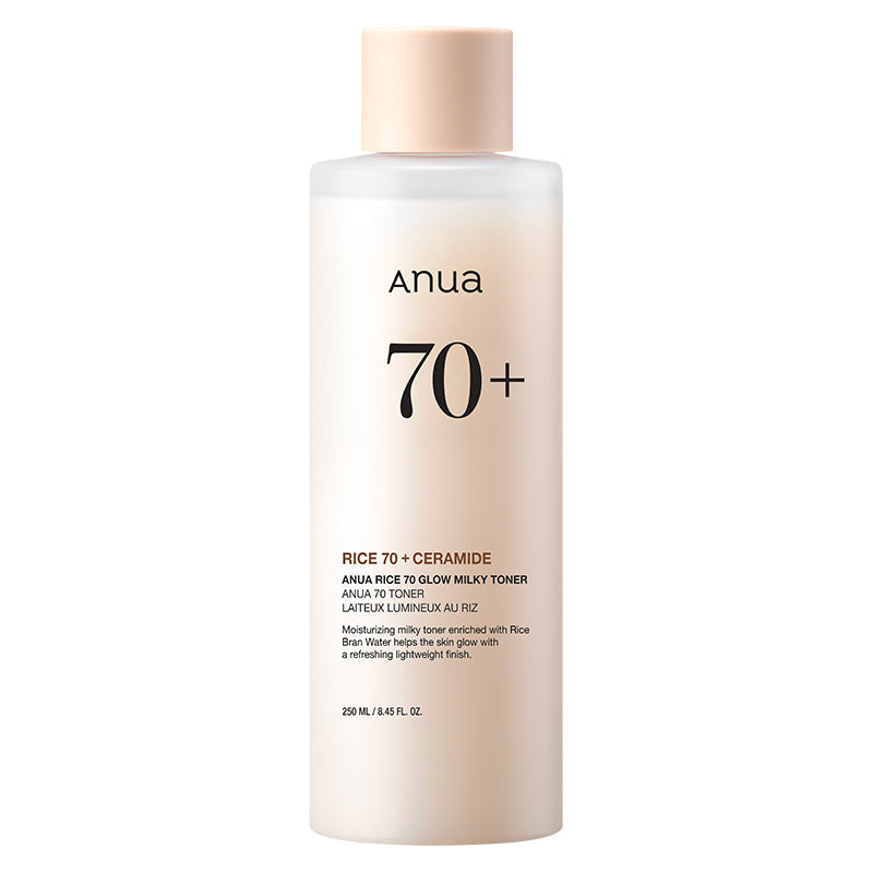 Anua Rice 70 Glow Milky Toner 250ml – 70% Rice Bran Water and Ceramide-enriched Korean milky toner available at Atelier De Glow UAE.