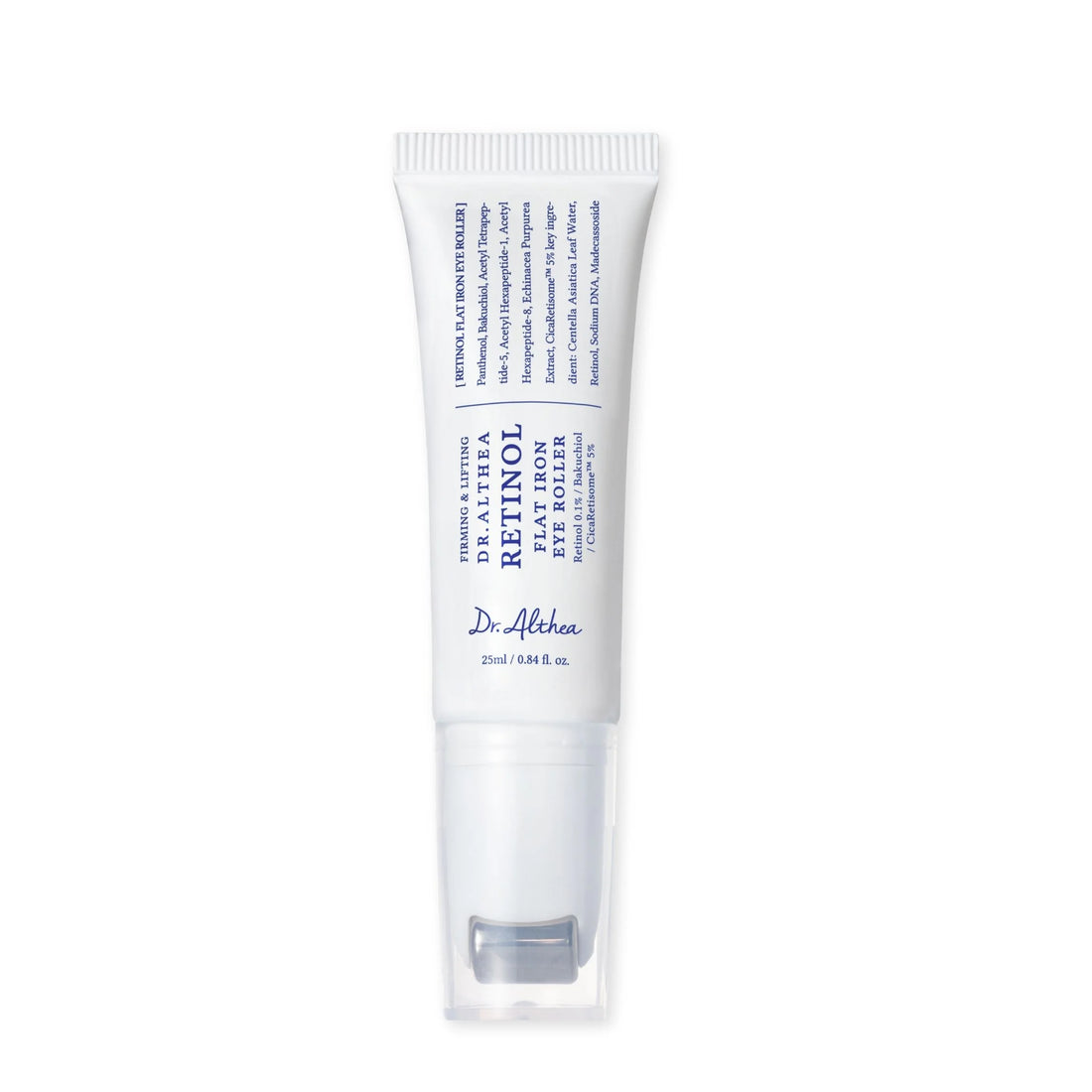 Dr. Althea Retinol Flat Iron Eye Roller – 25ml anti-aging eye serum with Retinol, Peptides, and cooling metal applicator available at Atelier De Glow UAE.
