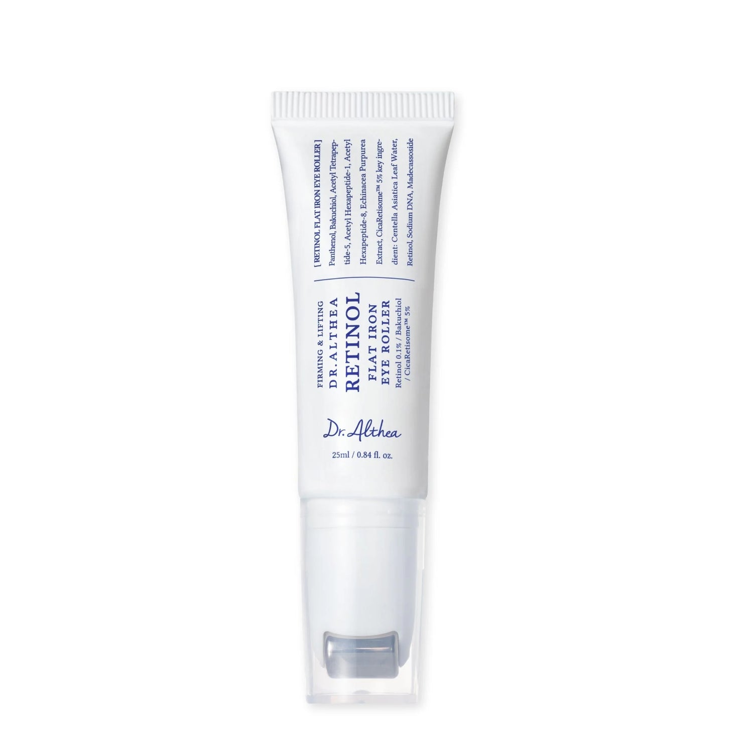 Dr. Althea Retinol Flat Iron Eye Roller – 25ml anti-aging eye serum with Retinol, Peptides, and cooling metal applicator available at Atelier De Glow UAE.