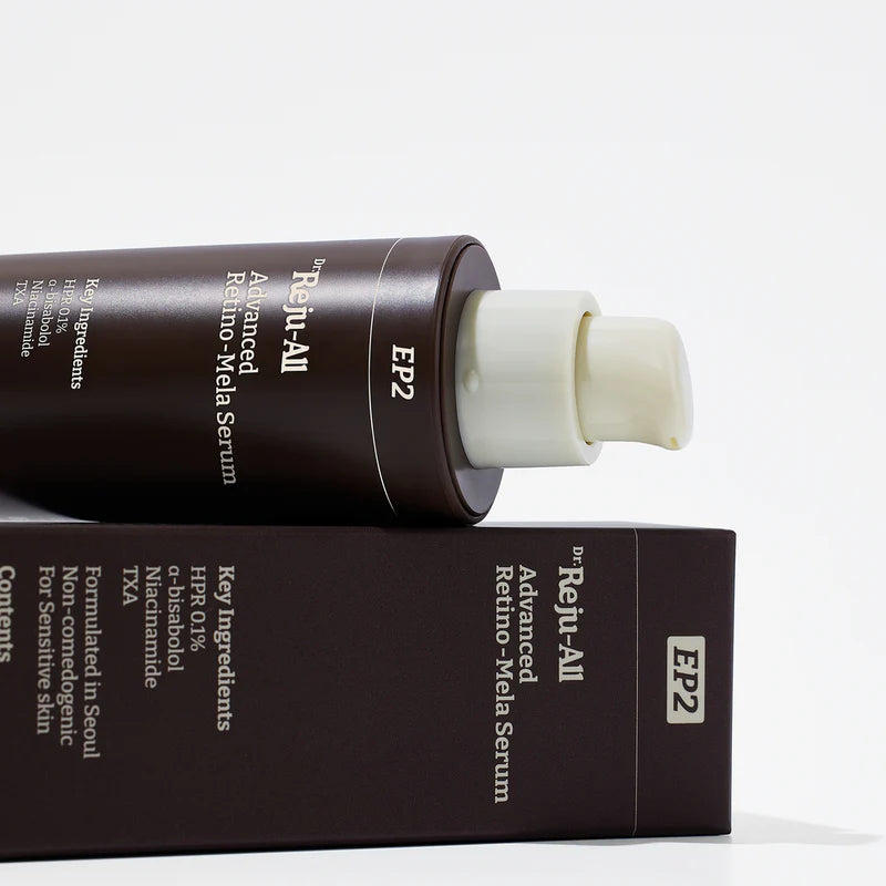 Lightweight, fast-absorbing texture of Dr. Reju-All Retino-Mela Serum – Targeted Korean serum for evening skin tone and texture at Atelier De Glow UAE.