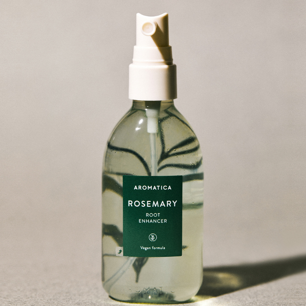 Rosemary, Biotin, and Black Food Complex in AROMATICA Root Enhancer – Natural Korean scalp care for volume and scalp health at Atelier De Glow UAE.