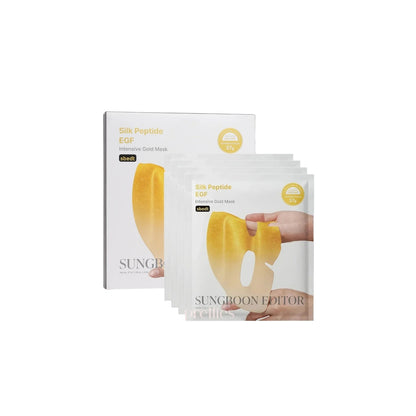 SUNGBOON EDITOR Silk Peptide EGF Gold Mask 4EA – luxury firming sheet mask infused with silk peptides, EGF, and gold for anti-aging care available at Atelier De Glow UAE.