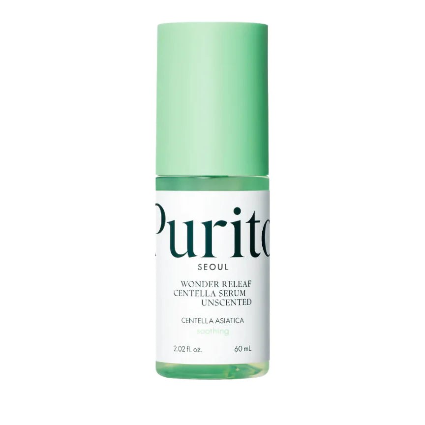 Purito SEOUL Wonder Releaf Centella Serum Unscented – 60ml Korean serum with Centella Asiatica, Peptides, and Ceramide available at Atelier De Glow UAE.