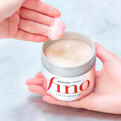 Rich, creamy, and nourishing hair mask by Shiseido Fino that deeply penetrates hair fibers for instant softness, manageability, and a healthy luster at Atelier De Glow UAE.