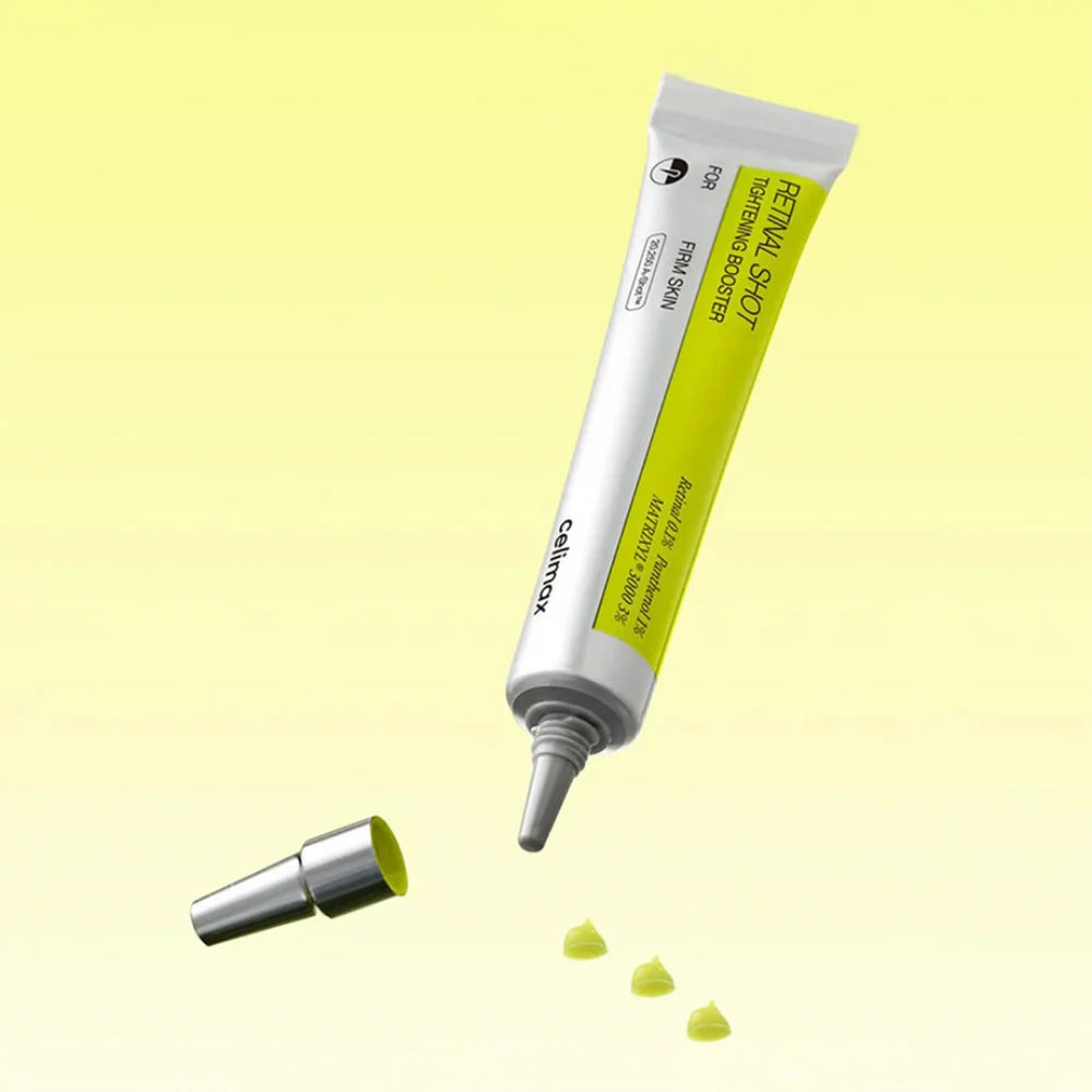 Yellow-tinted, concentrated texture of celimax Vita-A Retinal Shot – Airless pump for preserving active Vitamin A in Korean skincare at Atelier De Glow UAE.